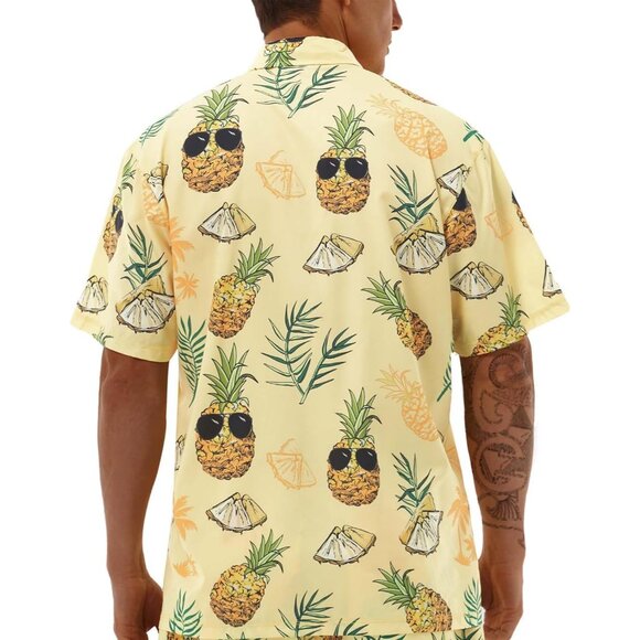 Men Yellow Hawaiian Shirt Pineapple Print Short Sleeve Button Up Casual Top - Picture 4 of 8